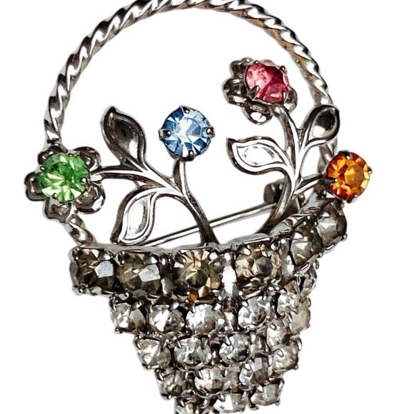 VTG Uranium Glass 1930s Silver Tone Flower Basket Brooch Prong Set Rhinestones - Picture 1 of 10